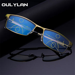 Oulylan Progressive Multifocal Reading Glasses Men Anti Blue Light Alloy Near Far Sight Spectacles Hyperopia Diopter +1.0 1.5